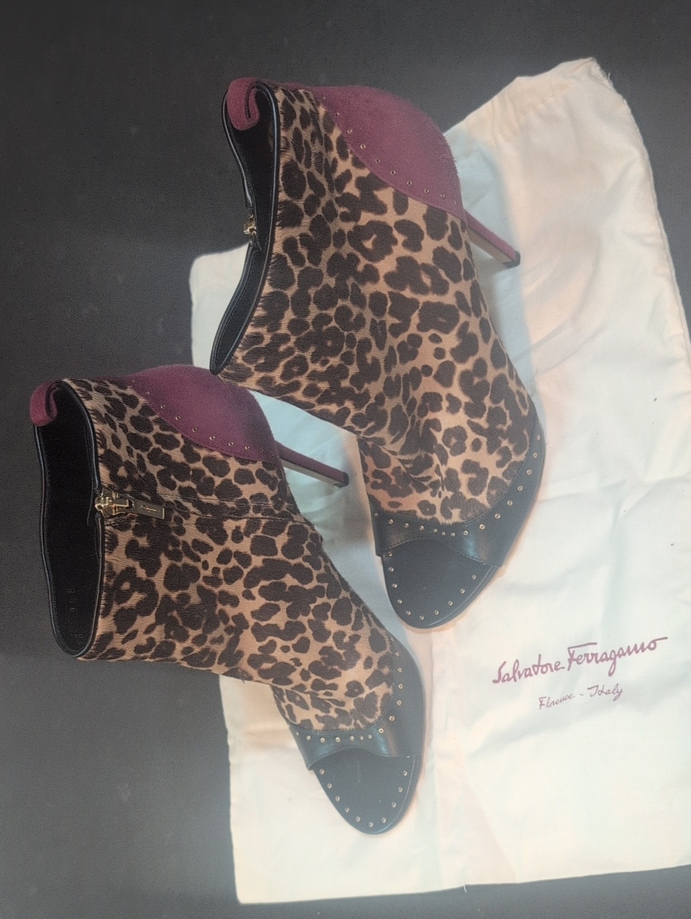 Salvatore Ferragamo Leopard Print Suede Ankle Boots with Burgundy Accents